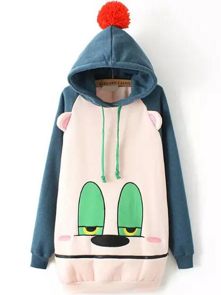 Romwe Hooded Drawstring Eye Print Pink Sweatshirt