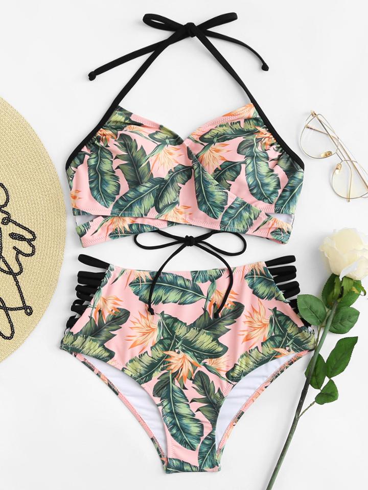 Romwe Cut Out Side Lace Up Back Bikini Set