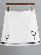 Romwe White Floral Embroidery Fringe Hem Skirt