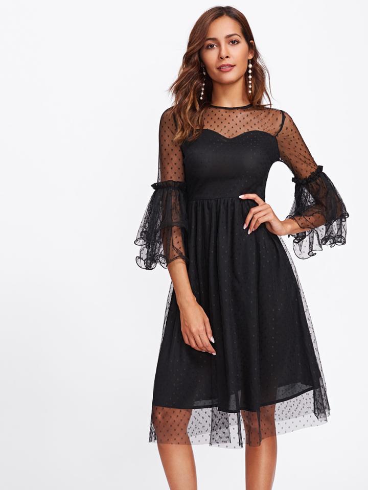 Romwe Layered Bell Sleeve Dot Mesh Overlay Dress