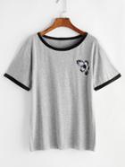 Romwe Grey Flower Print Contrast Trim T-shirt
