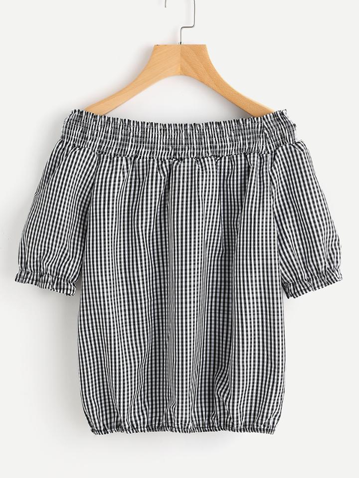 Romwe Off Shoulder Shirred Checked Blouse