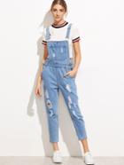Romwe Blue Ripped Denim Overall Jumpsuit