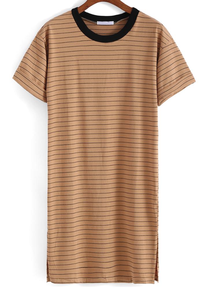 Romwe Striped Long Khaki T-shirt