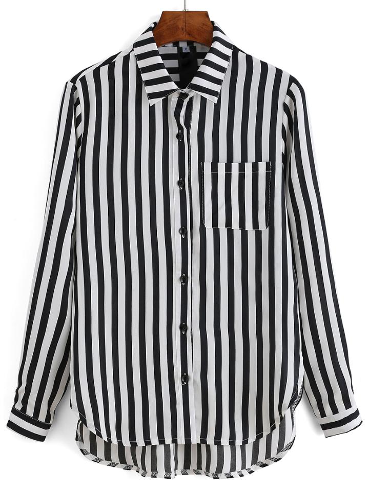 Romwe Dip Hem Vertical Striped Blouse With Pocket