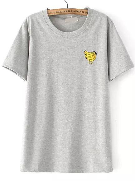 Romwe Banana Embroidered Grey T-shirt
