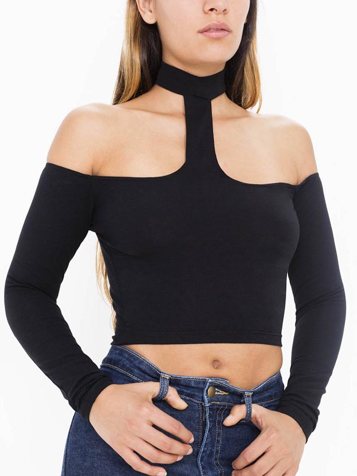 Romwe Open Shoulder High Neck Crop Top