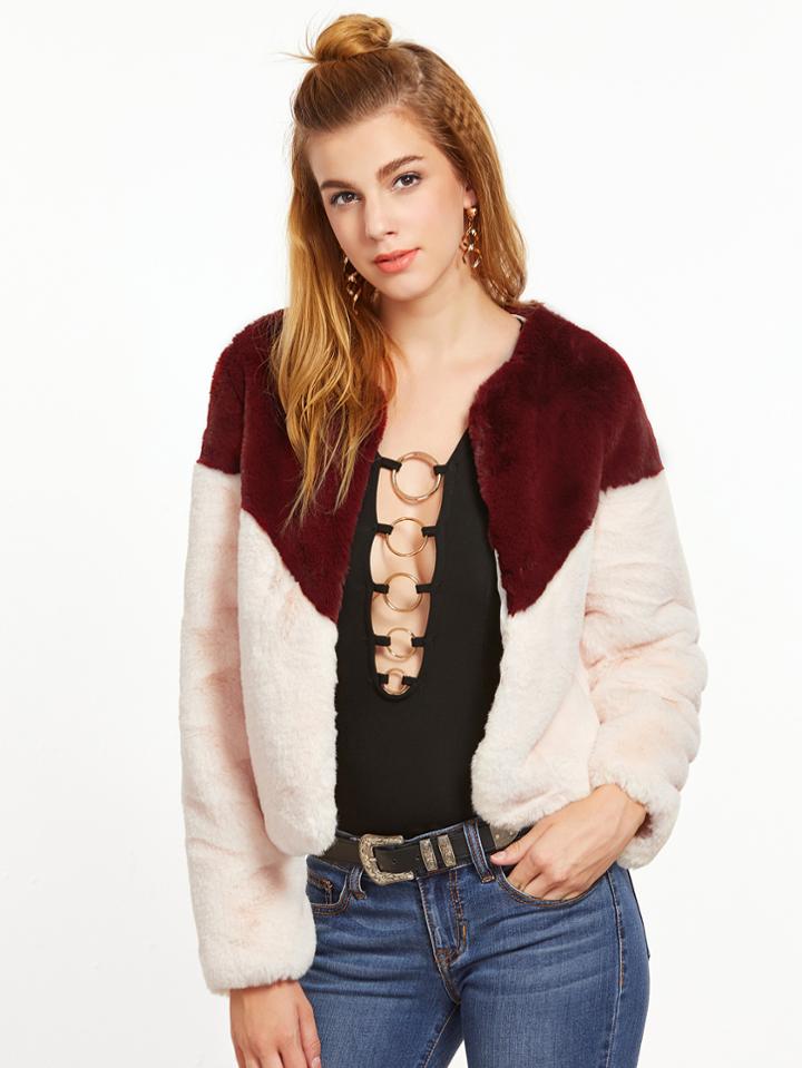 Romwe Contrast Faux Fur Collarless Coat