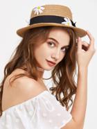 Romwe Daisy Embellished Straw Hat With Bow Tie