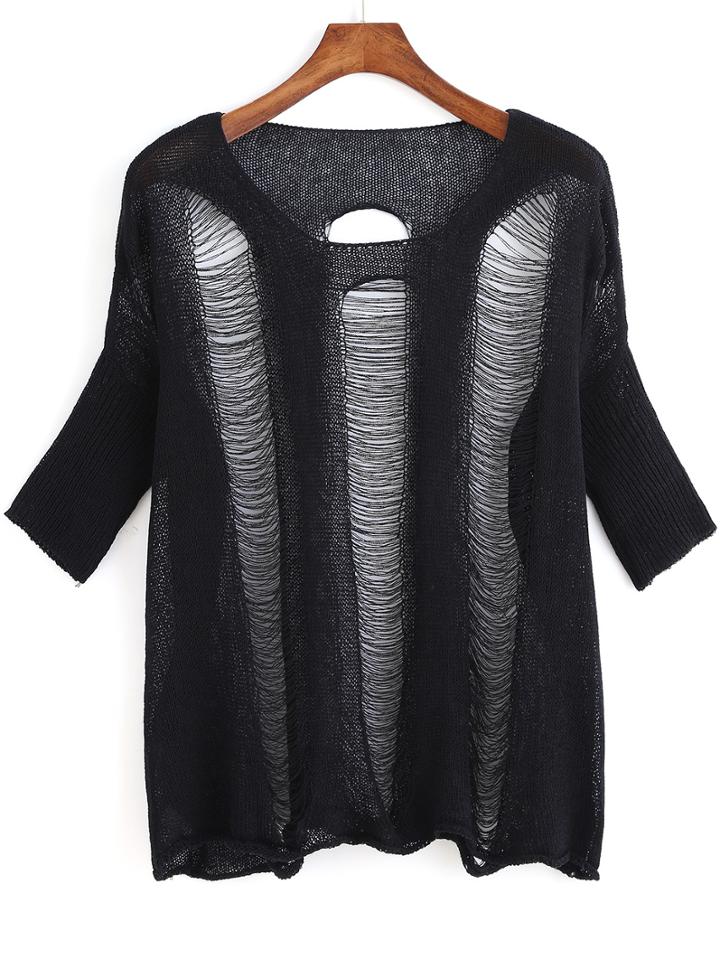 Romwe Ripped Knit Black Sweater