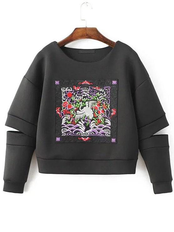 Romwe Black Embroidered Drop Shoulder Cut Out Sweatshirt