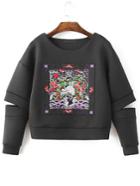 Romwe Black Embroidered Drop Shoulder Cut Out Sweatshirt