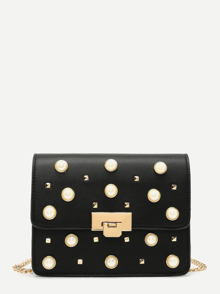 Romwe Faux Pearl Detail Clutch Bag