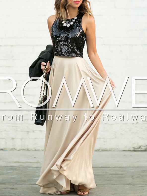 Romwe Black Apricot Sequined Splicing Flare Maxi Dress