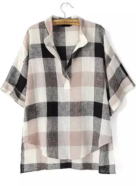 Romwe Black Beige V Neck Plaid Loose Blouse