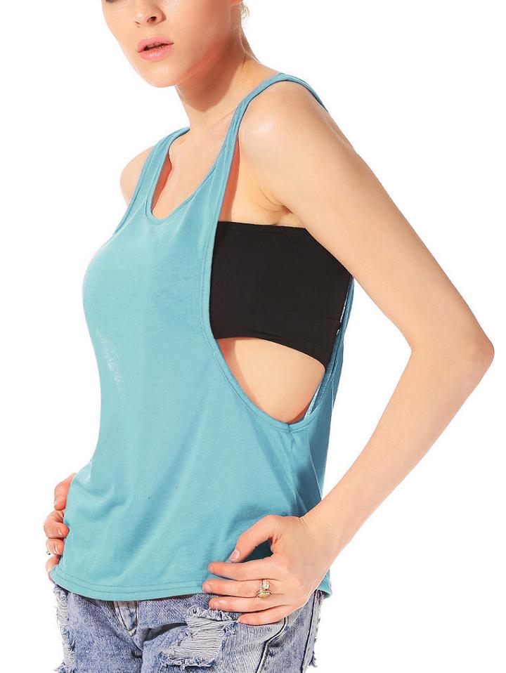 Romwe Women Sky Blue Scoop Neck Cut Out Side Vest