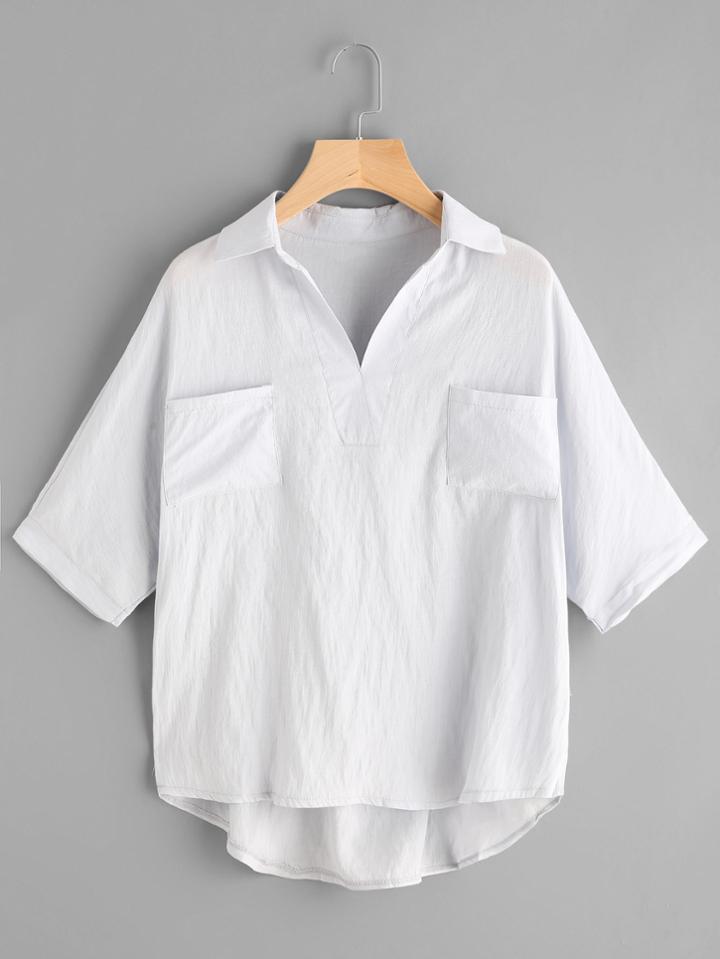 Romwe Dip Hem Blouse With Dual Chest Pockets