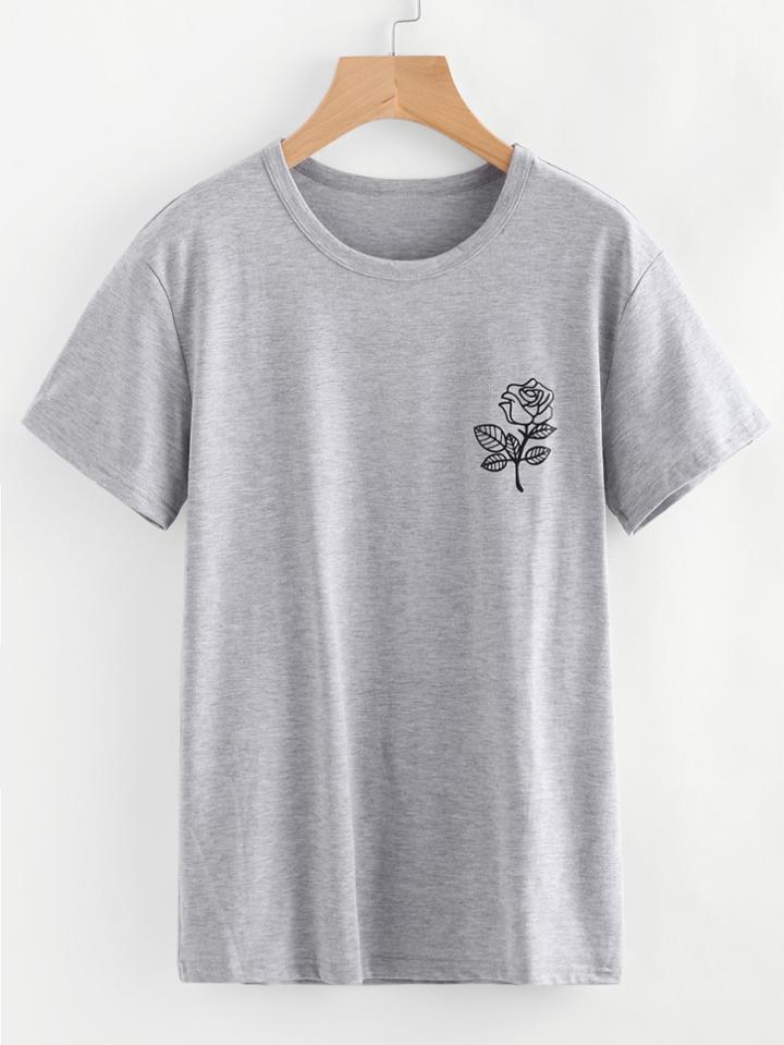Romwe Rose Print Marled Tee