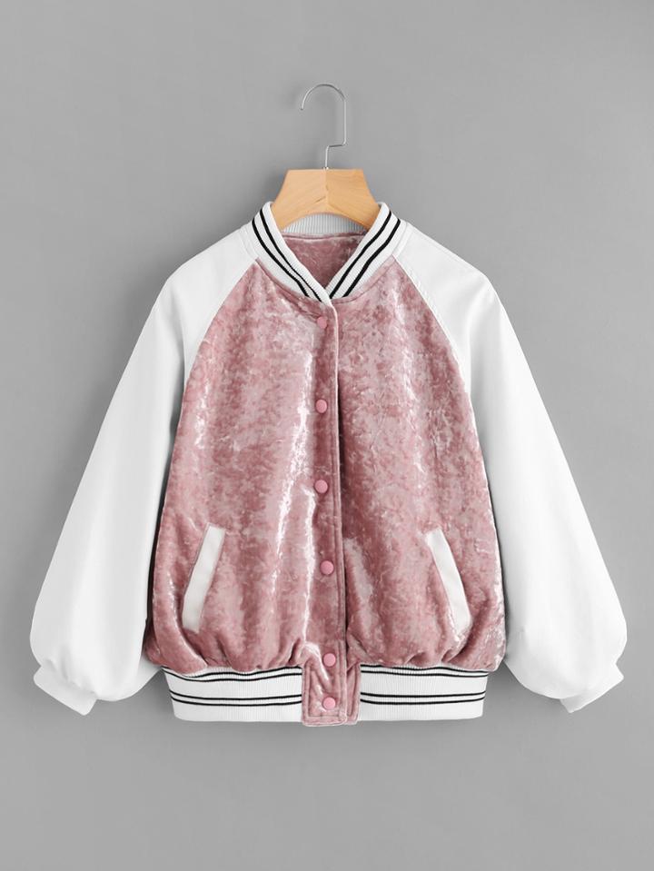 Romwe Lantern Sleeve Mixed Media Varsity Jacket