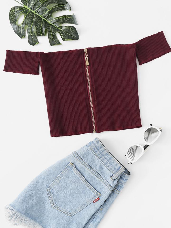 Romwe Off Shoulder Zip Up Front Ribbed Tee