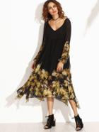 Romwe Black Florals V Neck Cutout Back Asymmetrical Dress