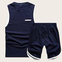 Romwe Guys Contrast Binding Tank Top & Drawstring Waist Shorts