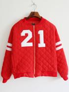 Romwe Striped Number Patch Zipper Red Jacket