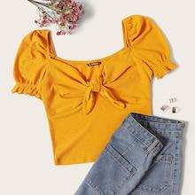 Romwe Sweetheart Neck Knot Front Crop Top