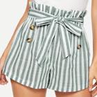 Romwe Double Breasted Striped Belted Paperbag Waist Shorts