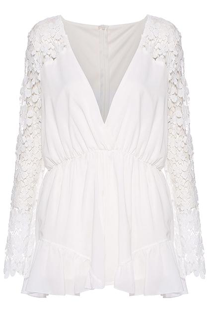 Romwe Deep V Floral Playsuits-white