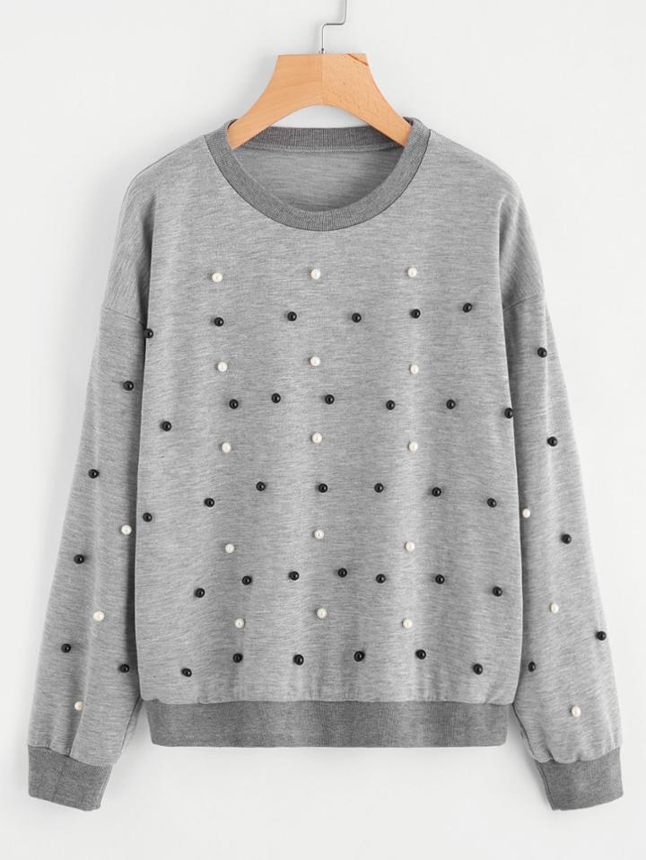 Romwe Drop Shoulder Pearl Beading Sweatshirt