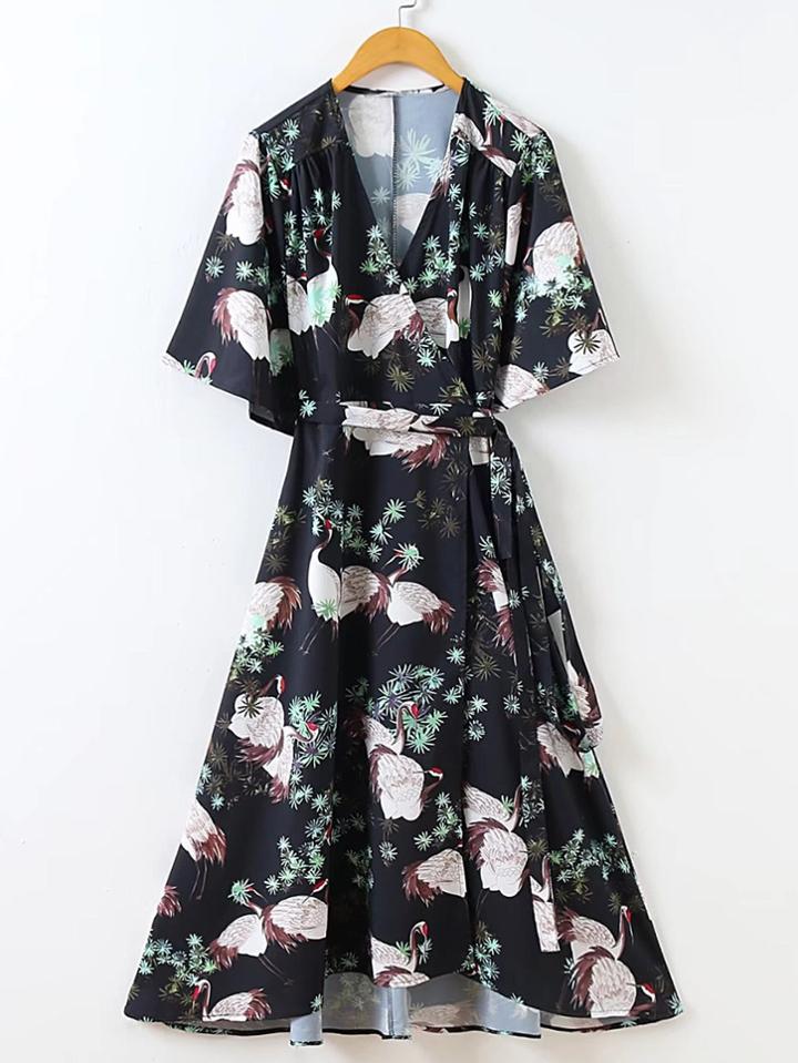 Romwe Surplice Front Wrap Dress With Self Tie