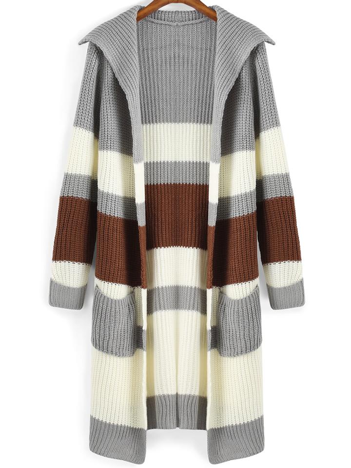 Romwe Lapel Striped Pockets Long Coat
