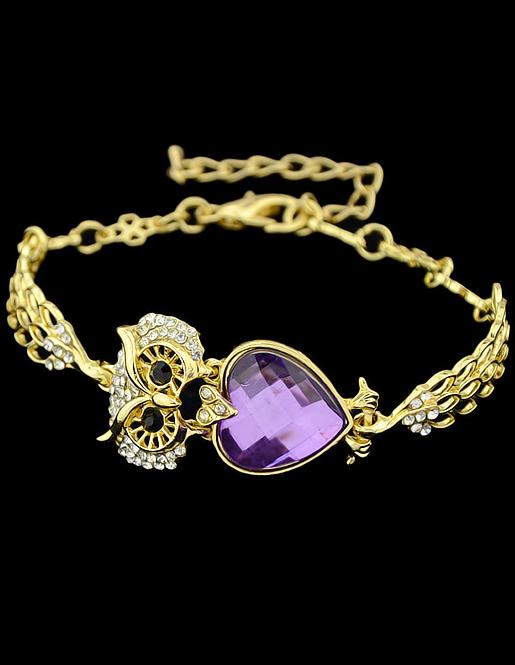 Romwe Purple Heart Diamond Owl Bracelet