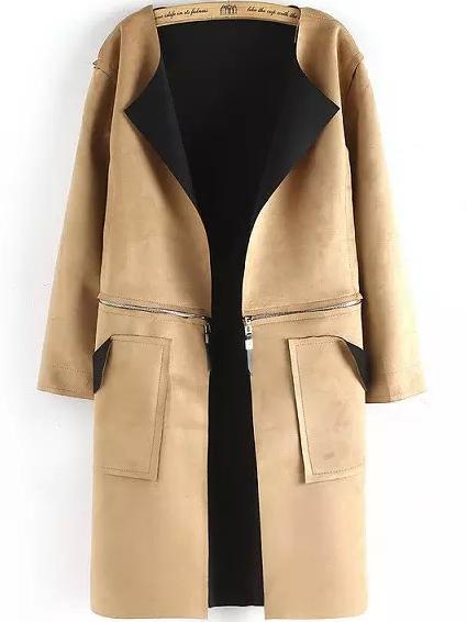 Romwe Zipper Pockets Khaki Coat