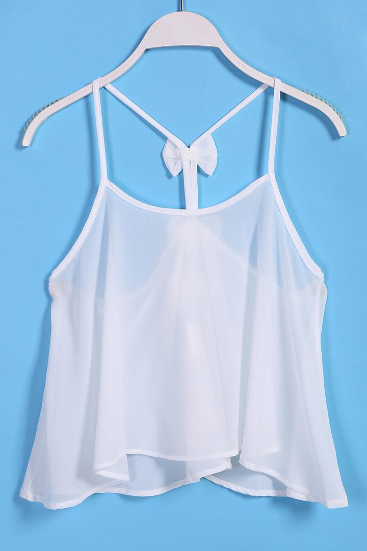 Romwe Spaghetti Strap Bow Chiffon White Vest