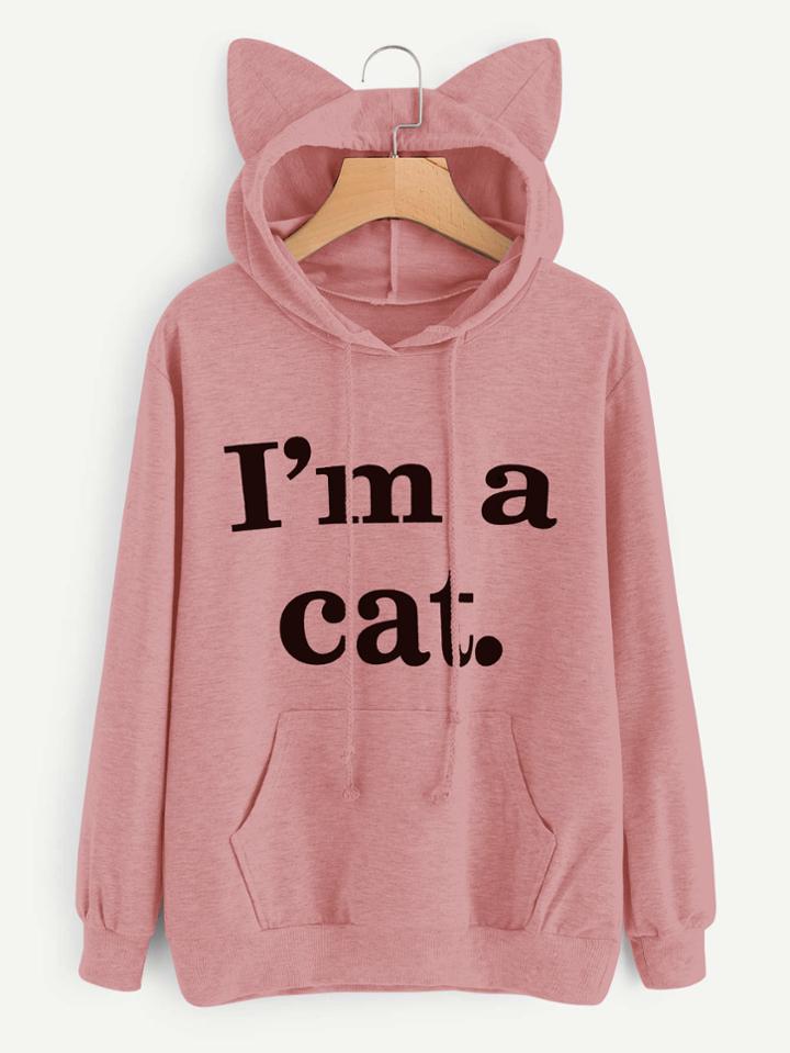 Romwe Slogan Print Cat Ear Marled Hoodie