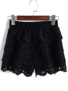 Romwe Elastic Waist Ruffle Lace Black Shorts