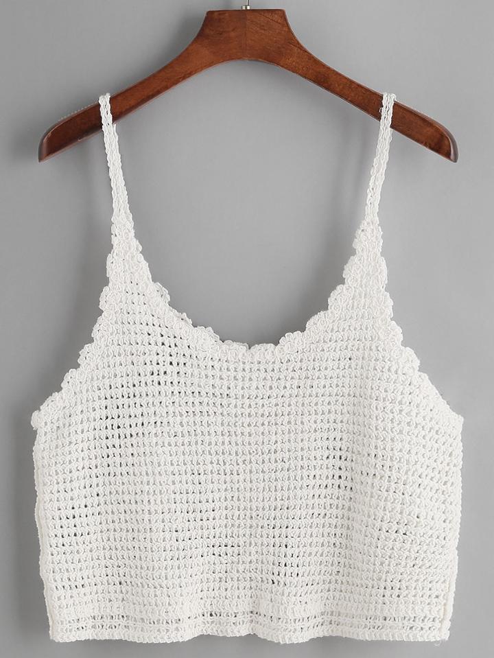 Romwe White Scalloped Hem Knitted Cami Top