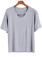 Romwe Grey Short Sleeve Hollow Loose T-shirt
