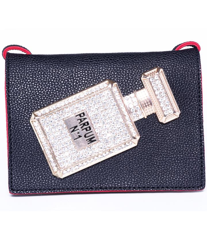 Romwe Black Perfume Bottles Print Pu Clutch Bag