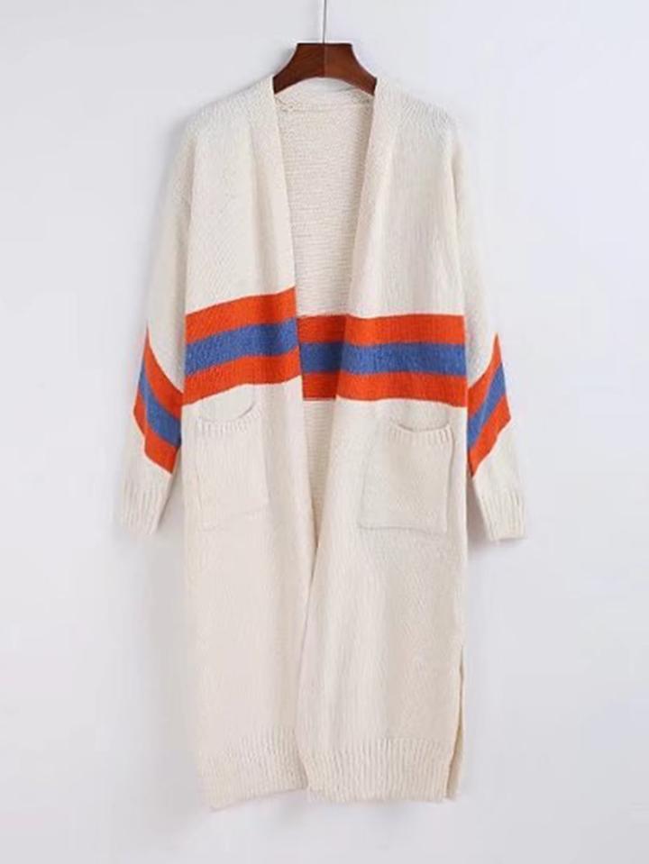 Romwe Block Stripe Side Slit Longline Cardigan
