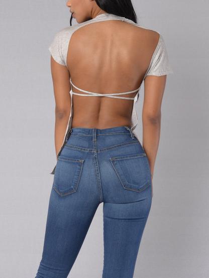 Romwe Grey Crisscross Backless T-shirt