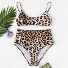Romwe Leopard Print Top With Seam High Waist Bikini Set