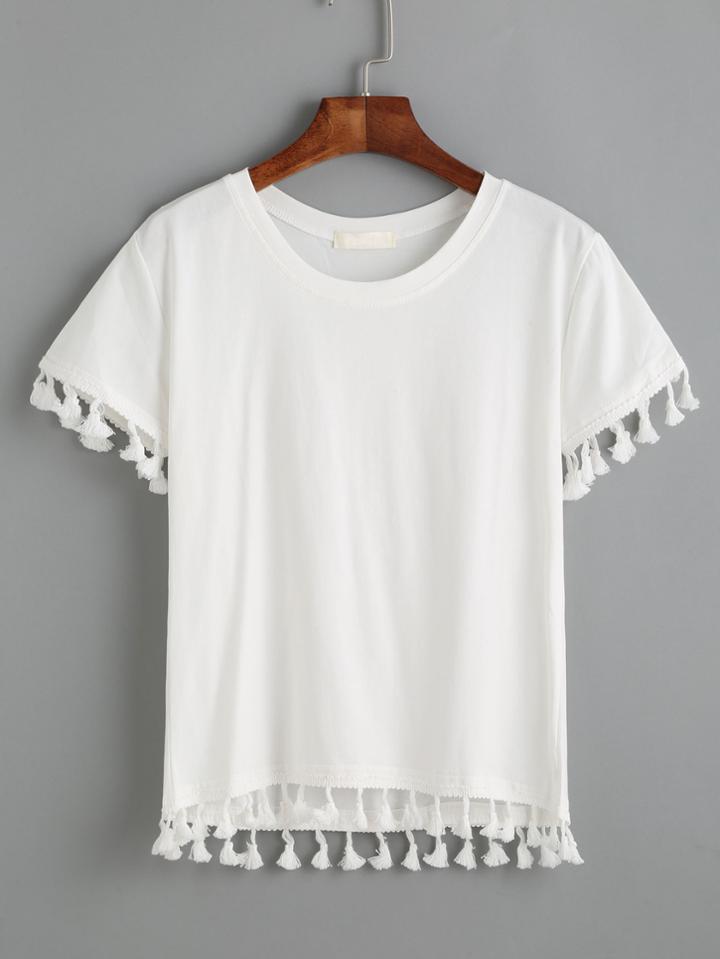 Romwe White Tassel Trim T-shirt
