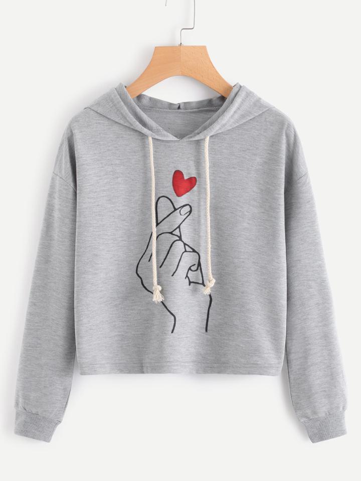Romwe Love Gesture Print Crop Marled Hoodie