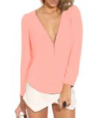 Romwe Pink V Neck Long Sleeve Zipper Top