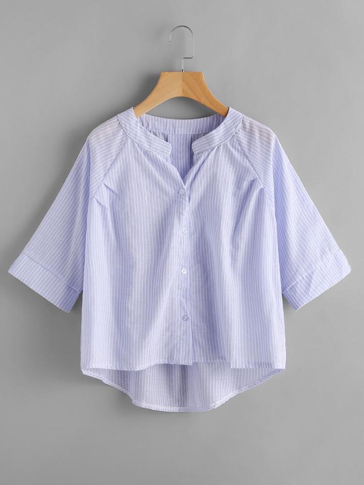 Romwe Striped Dip Hem Single Breasted Blouse