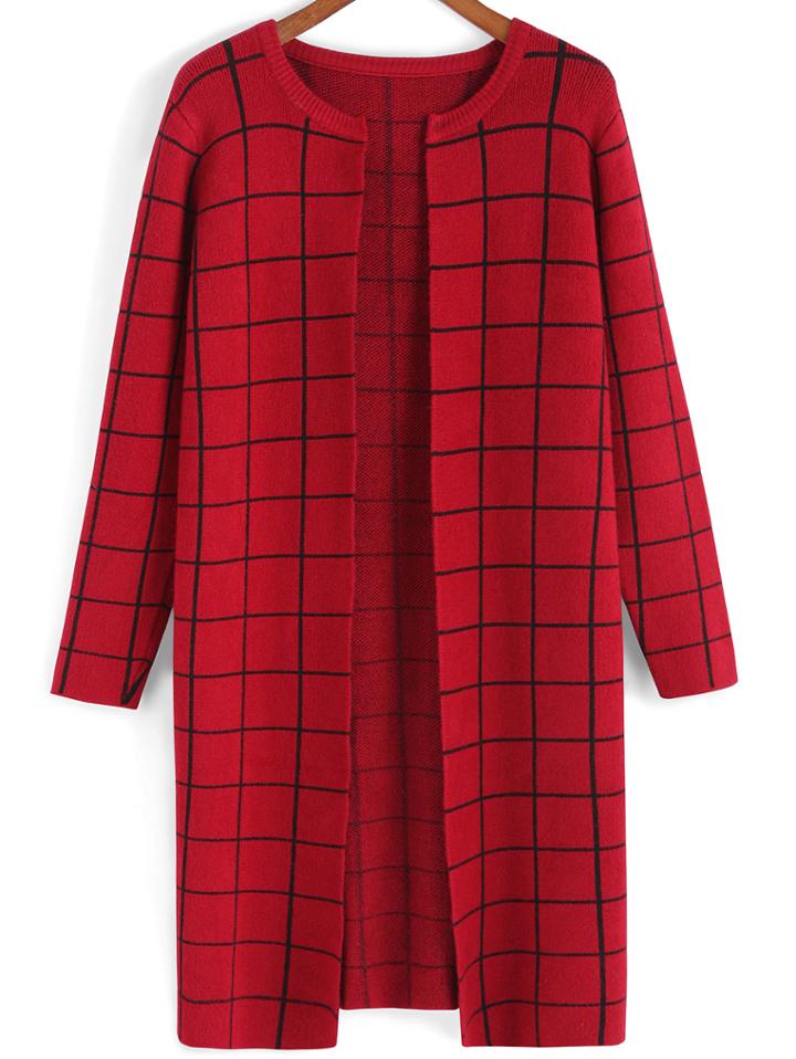 Romwe Round Neck Plaid Red Coat