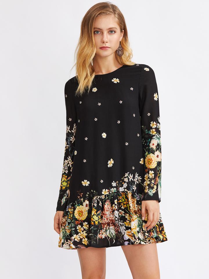 Romwe Bow Tied Back Drop Waist Botanical Dress